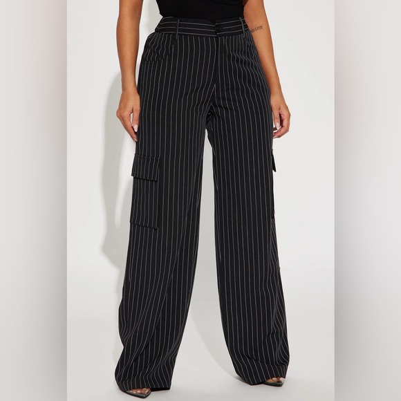 EUC Fashion Nova Nikki Cargo Trouser - Black/white pinstripe - Picture 2 of 7
